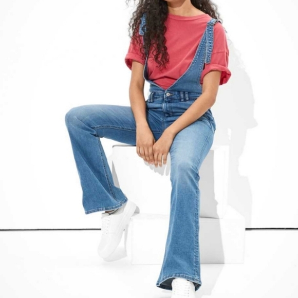 American Eagle Super Stretch Flare Overalls Blue Size 4 Regular Retro‎ Night Out - Picture 1 of 13